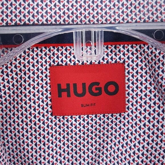 HUGO BOSS Shirt Mens 15 38 Red White Geo Print Button Up Slim Fit KOEY $128 - Picture 3 of 10